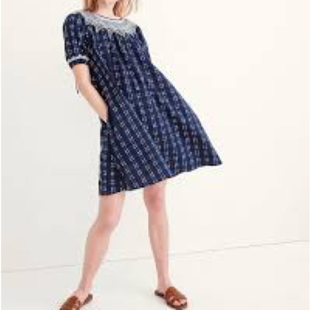 Madewell Embroidered Puff-Sleeve Babydoll Dress in Indigo Plaid navy‎ blue